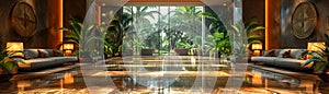 Lavish hotel lobby with marble floors lush plants