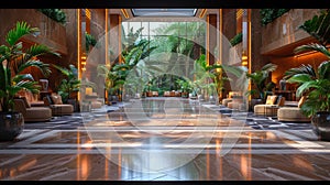 Lavish hotel lobby with marble floors lush plants