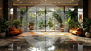 Lavish hotel lobby with marble floors lush plants