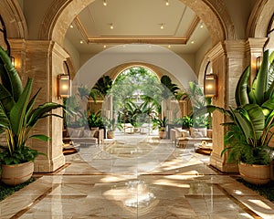 Lavish hotel lobby with marble floors lush plants