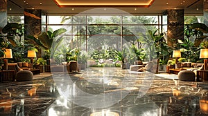 Lavish hotel lobby with marble floors lush plants