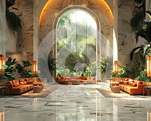 Lavish hotel lobby with marble floors lush plants