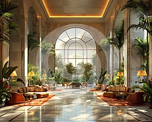 Lavish hotel lobby with marble floors lush plants