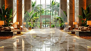 Lavish hotel lobby with marble floors lush plants