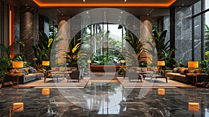 Lavish hotel lobby with marble floors lush plants