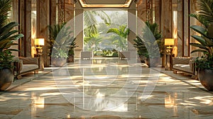 Lavish hotel lobby with marble floors lush plants