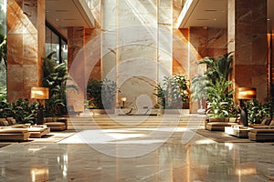 Lavish hotel lobby with marble floors lush plants