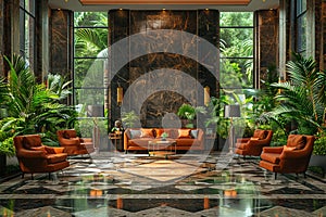 Lavish hotel lobby with marble floors lush plants