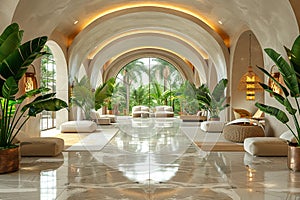 Lavish hotel lobby with marble floors lush plants