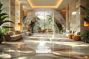 Lavish hotel lobby with marble floors lush plants