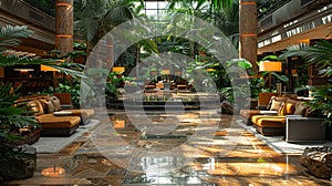 Lavish hotel lobby with marble floors lush plants