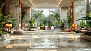 Lavish hotel lobby with marble floors lush plants