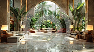 Lavish hotel lobby with marble floors lush plants