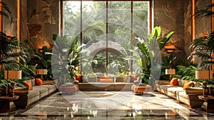 Lavish hotel lobby with marble floors lush plants