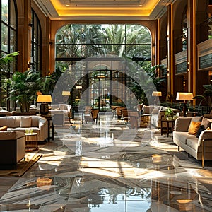 Lavish hotel lobby with marble floors lush plants