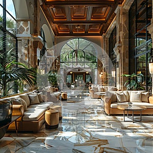 Lavish hotel lobby with marble floors lush plants