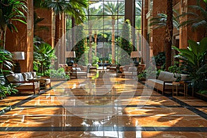 Lavish hotel lobby with marble floors lush plants