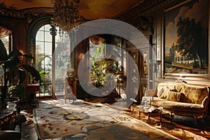 A lavish living room adorned with a variety of furniture pieces, including a painting hanging on the wall, creating a