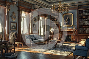 A lavish living room adorned with various furniture pieces, dominated by a stunning chandelier hanging from the ceiling