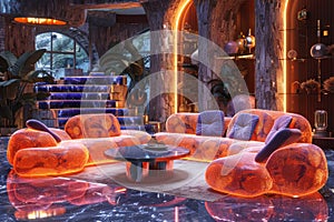 Lavish lounge with glowing furniture and blue stair lights, ideal for upscale interior design.