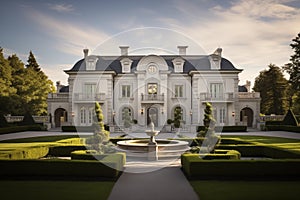 Lavish mansion nestled amidst manicured gardens and sprawling estates. Generative AI