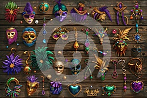 Lavish Mardi Gras masks with feathers and beads on rustic wooden backdrop, evoking festive carnival spirit