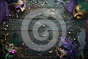 Lavish Mardi Gras masks with feathers and beads on rustic wooden backdrop, evoking festive carnival spirit