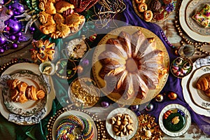 Lavish Mardi Gras themed table setting with various desserts and decorations