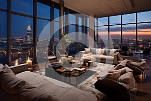 Lavish penthouse apartment overlooking a city skyline. Generative AI