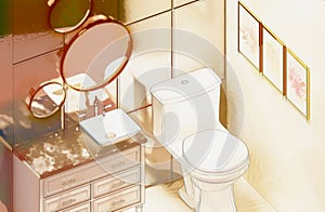 Lavish powder room interior with gold accents watercolor sketch perspective