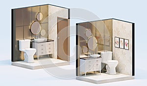 Lavish powder room isometric interior with gold accents