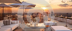 A lavish rooftop terrace overlooking the city, offering an exquisite setting with plush seating, umbrellas, and