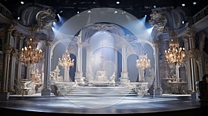 Lavish sets and lighting adorn extravagant stage production.AI Generated