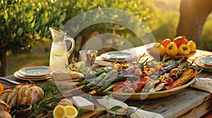 Lavish spread of grilled vegetables, fresh bread, and lemonade on a wooden table amidst an orchard at golden hour.