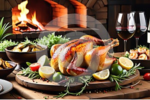 A lavish spread of non-vegetarian cuisine on a rustic wooden table, with succulent roasted chicken at the center