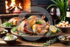 A lavish spread of non-vegetarian cuisine on a rustic wooden table, with succulent roasted chicken at the center