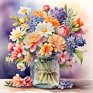 A lavish spring bouquet, brimming with delicate spring flowers, elegantly arranged in a vintage jar vase