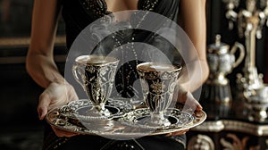 In a lavish traditional setting a server dressed in a sophisticated black dress carries a tray with two ornate cups of