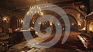 A lavish underground chamber where a wealthy nobleman hosts a gathering of guests to witness the demonstration of a photo