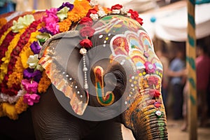 a lavishly decorated elephant at a hindu festival