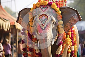 a lavishly decorated elephant at a hindu festival