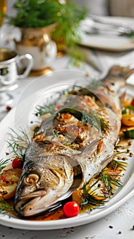 Lavishly garnished herb-crusted fish on a white plate, accentuated with chili flakes and fresh parsley, highlighting