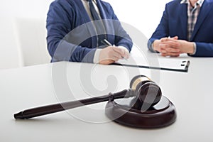 Law, advice and Legal services concept. Lawyer and attorney having team meeting at law firm.