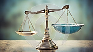 Law balance scales of justice on the table with blurred background. Law and justice concept.