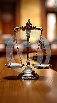Law and business protection scales of justice on wooden table