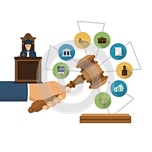 Law concept. The judge holds the gavel of justice in hand. Vector.