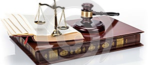 Law concept - Open law book with a wooden judges gavel on table in a courtroom or law enforcement office, generative ai