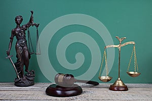 Law concept - Open law book, Judge\'s gavel, scales, Themis statue on table in a courtroom or law enforcement office