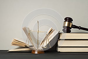 Law concept. Wooden judge gavel,scales of justice and books on table in a courtroom or enforcement office.