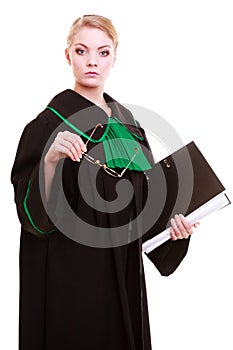 Law court or justice concept. Young woman lawyer attorneywith file folder or dossier isolated on white background.